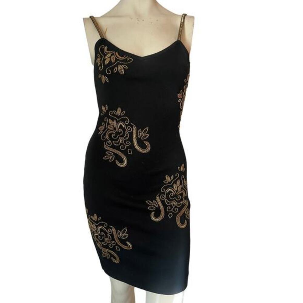 Vintage Dress Black Mini, Beaded, Knit, The Limited, Wool, Gold Beaads